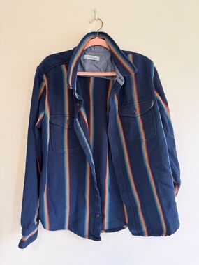 Outerknown Navy Button-Down Shirt with Rainbow Stripe Detail